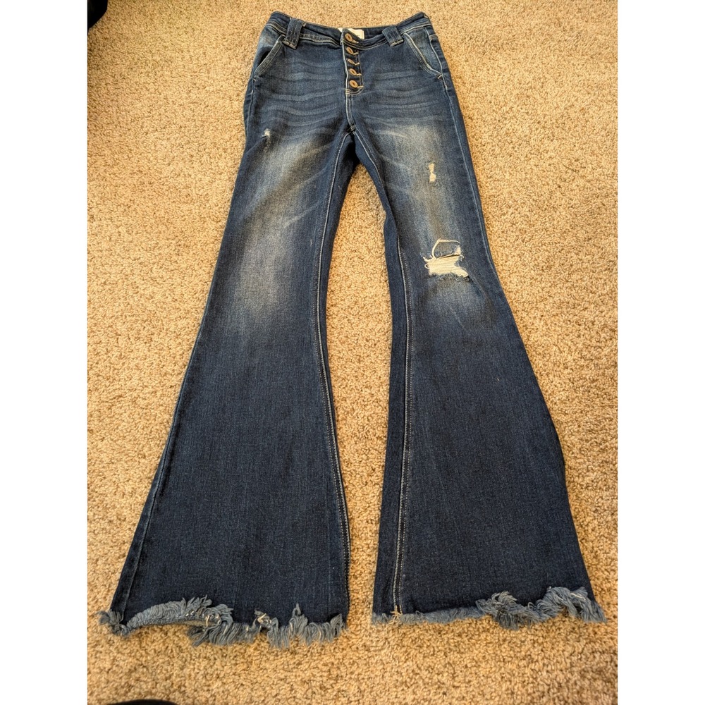 Kancan Womens Dark Wash High Rise Distressed Flare Jeans Western Cowgirl 3 25